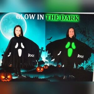 NWT GLOW IN THE DARK GHOST HOODED PANCHO DRESS COSTUME YOUTH 10-12 4 pc …